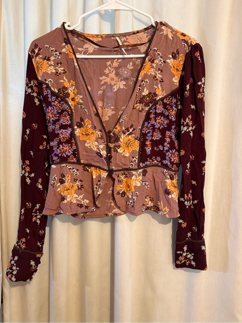 Free People Floral Patchwork Boho Peplum Blouse Top Size Small EUC